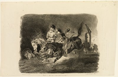 Fausto y Mefistófeles galopan en la noche del aquelarre de Eugène Delacroix