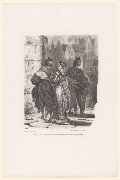 Faust probeert Grietje te verleiden Fausto: Mi hermosa jovencita, ¿me atrevería a ofrecerte mi brazo y llevarte a casa? (título en el objeto) Fausto (título de la serie) Fausto, tragedia de M. de Goethe (título de la serie) de Eugène Delacroix