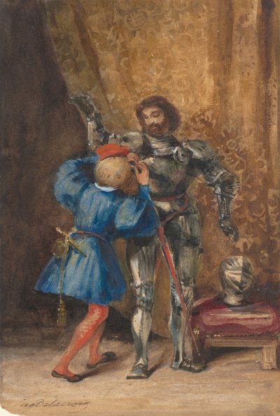 Goetz von Berlichingen siendo vestido con armadura por su paje George, 1826-27 de Eugène Delacroix