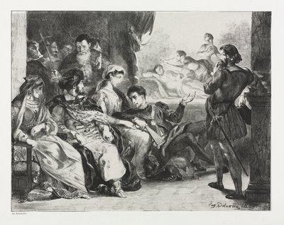 Hamlet: Hamlet ordena a los actores hacer una escena del envenenamiento de su padre de Eugène Delacroix
