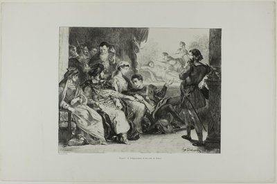 Hamlet hace que los actores representen el envenenamiento de su padre, lámina 7 de Hamlet de Eugène Delacroix