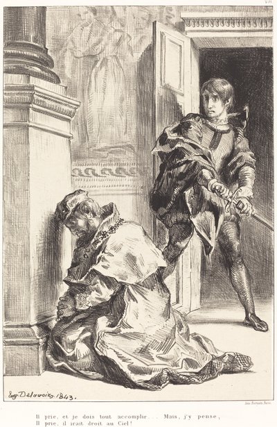 Hamlet tentado a matar al rey Acto III, Escena III de Eugène Delacroix