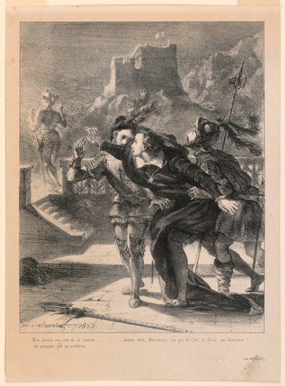 Ilustración para Hamlet: Hamlet intenta seguir al fantasma de su padre (I,4) de Eugène Delacroix