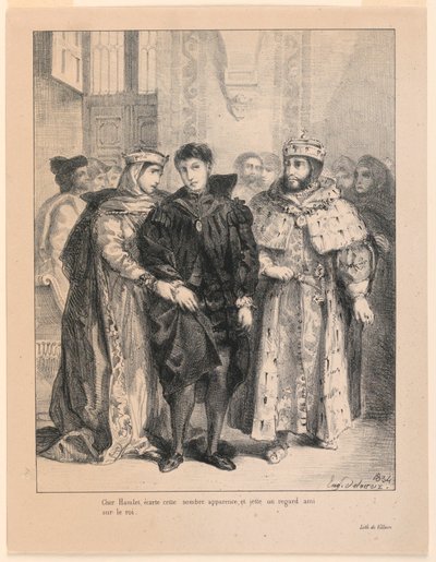 Ilustración de Hamlet. La reina intenta animar a Hamlet (I,2) de Eugène Delacroix