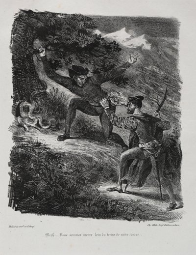 Ilustraciones para Fausto: Fausto y Mefistófeles en las montañas del Harz de Eugène Delacroix