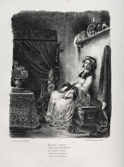 Ilustraciones para Fausto: Margarita con la rueda de Eugène Delacroix