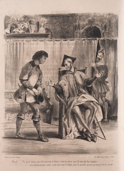 Ilustraciones para Fausto: Mefistófeles recibe al escolar de Eugène Delacroix