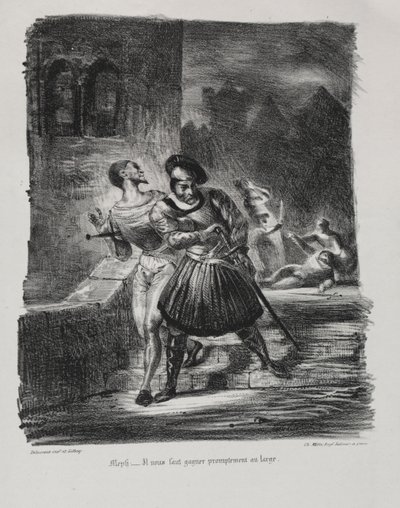 Ilustraciones para Fausto: Mefistófeles y Fausto huyen después del duelo de Eugène Delacroix