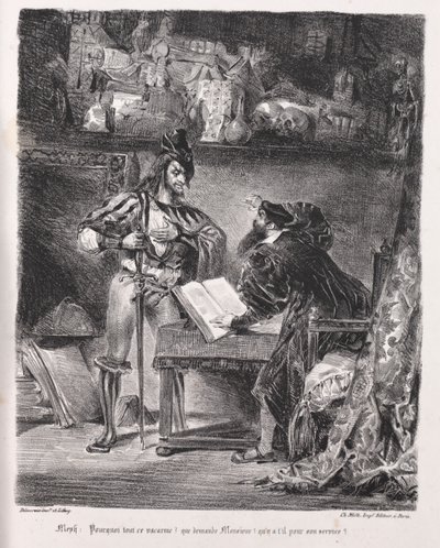Ilustraciones para Fausto: Mefistófeles visita a Fausto de Eugène Delacroix