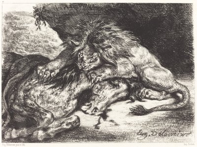 León devorando un caballo, 1844 de Eugène Delacroix