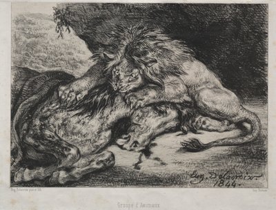 León devorando un caballo de Eugène Delacroix