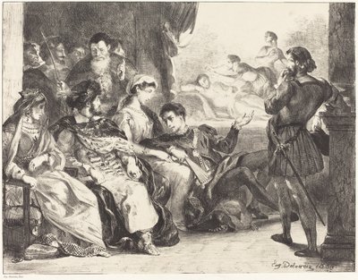 Actores representando el envenenamiento del padre de Hamlet, Acto III, Escena II, 1835 de Eugène Delacroix