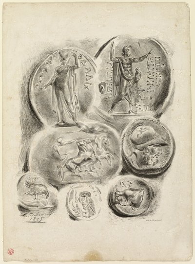 Pliego de siete medallas antiguas de Eugène Delacroix