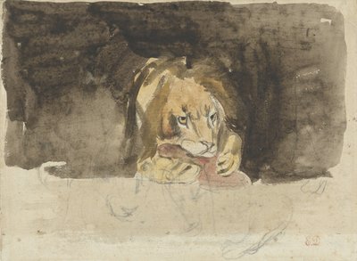 El león carnívoro, visto de frente, se proyecta sobre un fondo oscuro de Eugène Delacroix