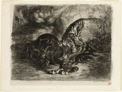 Caballo salvaje derribado por un tigre de Eugène Delacroix