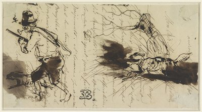 Cazador con perro, sobre una carta firmada de Eugène François de Block