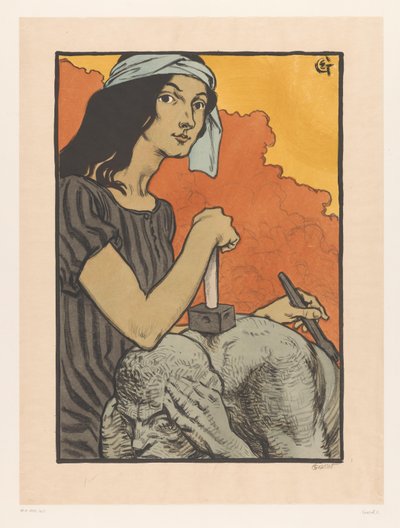 La escultora trabaja con cincel y martillo en una escultura La Escultura (título original) de Eugène Grasset (signed by artist)