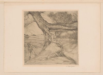 Sembrador y figura reclinada con las manos cruzadas en un paisaje de Eugène Joors (signed by artist)