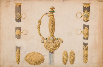 Diseño para una empuñadura de espada, vaina y accesorios de cinturón de Eugène Julienne.