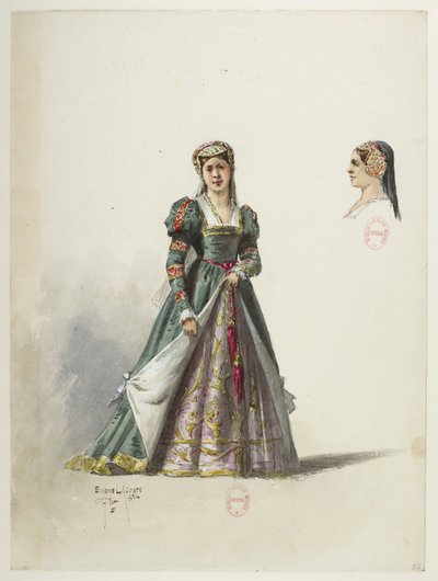 Btv1b84558104 55 - Saint-Saëns - Enrique VIII - Modelos de trajes - Lacoste - 55. Traje y tocado de Eugene Lacoste