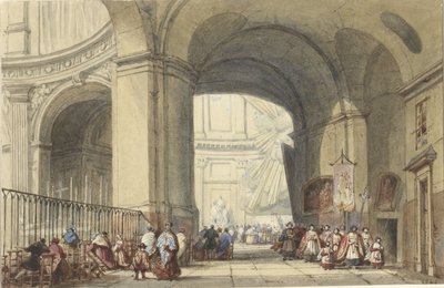 Interior de la S. Roche en París, con una procesión en primer plano de Eugène Louis Lami (possibly)