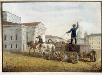 Transporte de bloques de granito a la plaza del teatro de San Petersburgo. Obra de Eugene Pluchart (1809-1880), acuarela sobre litografía de Eugéne Pluchart