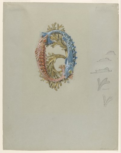 Diseño para una hebilla de cinturón con dos peces y algas de Eugene Grasset