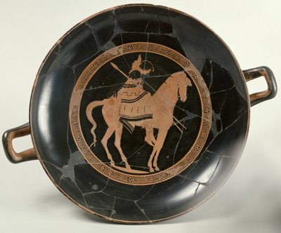 Copa de figuras rojas áticas que representa a un jinete a caballo (cerámica) de Euphronios