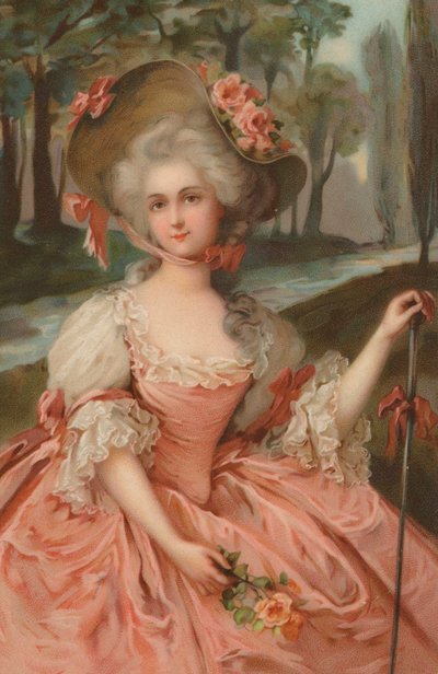 Mujer del siglo XVIII con bata rosa (cromolito) de European School