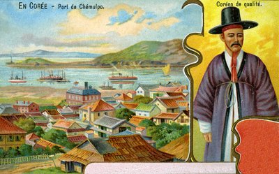 Un caballero coreano con vestido tradicional (hanbok) y sombrero (gat) y una vista del puerto de Chemulpo (Incheon), 1904 de European School
