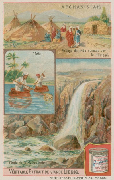 Una cascada del río Kabul con pescadores y una aldea tribal nómada en Helmand de European School