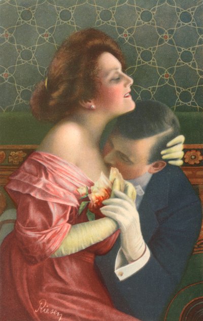 Una pareja abrazándose (litografía en color) de European School
