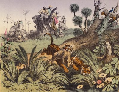 Una cacería en la selva india (litografía en color) de European School