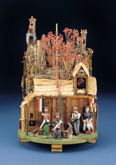 Una escena mecánica militar de soldados, las figuras de madera fuera de una casa de paja, finales del siglo XIX de European School