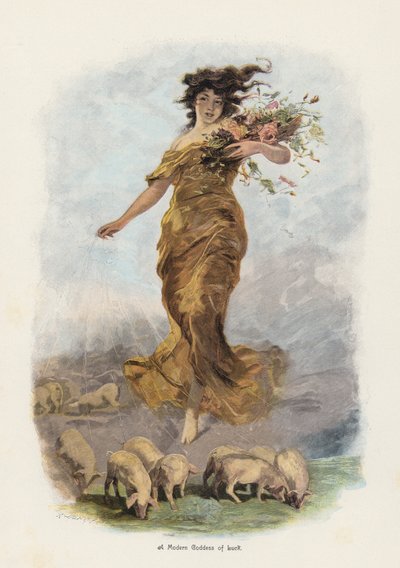 Una diosa moderna de la suerte (litografía en color) de European School