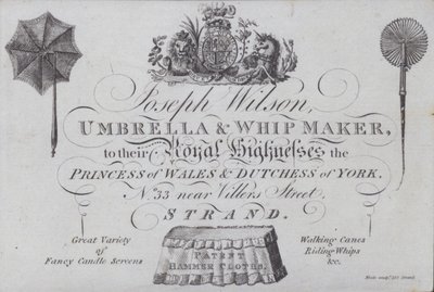 Anuncio de Joseph Wilson, fabricante de paraguas y látigos, Londres de European School