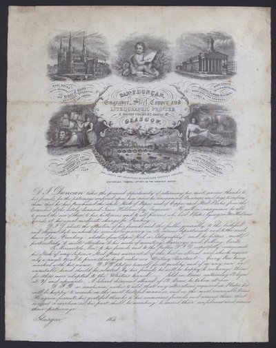 Anuncio para grabador e impresor litográfico, Daniel F Duncan de Glasgow de European School