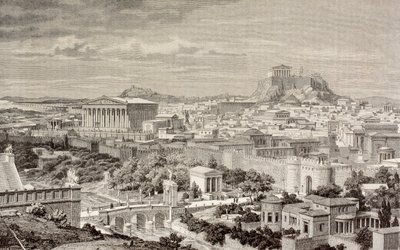 Impresión artística de Atenas, en la época del emperador Adriano, de 