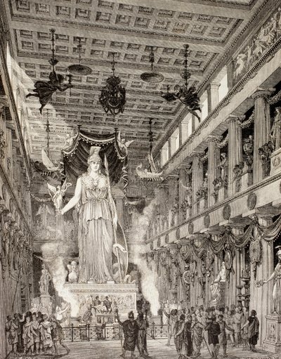 Impresión artística de la estatua de la diosa Atenea en el Partenón, Atenas, durante el período clásico, de 