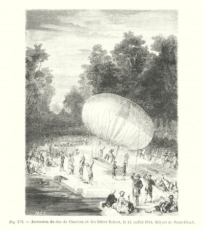 Ascenso del duque de Chartres y los hermanos Robert, el 15 de julio de 1784, Salida de Saint-Cloud (grabado) de European School
