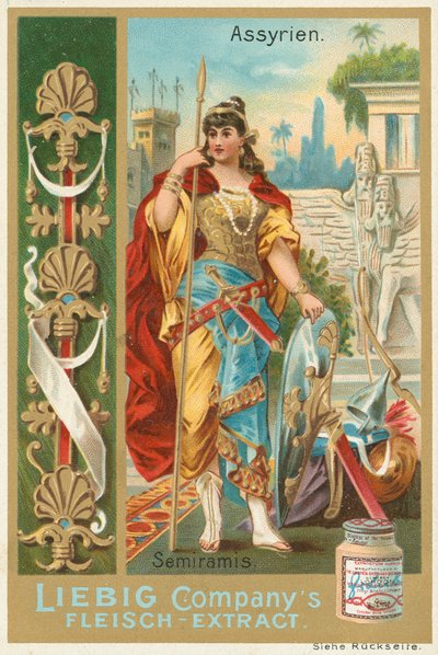 Asiria, Semiramis, tarjeta Liebig, principios del siglo XX (cromo) de European School