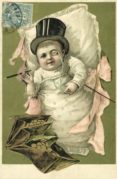 Bebé con sombrero de copa y monóculo (litografía en color) de European School