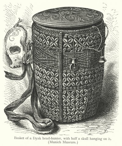 Cesta de un cazador de cabezas Dyak, con media calavera colgando de European School