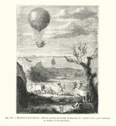 Blanchard y el doctor Jefferies parten de la costa de Dover, el 7 de enero de 1785, para cruzar en globo el Paso de Calais (grabado) de European School