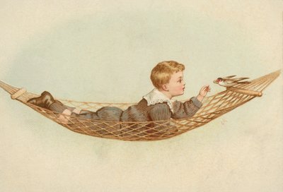 Niño tumbado en una hamaca dando de comer a un pájaro (cromolito) de European School