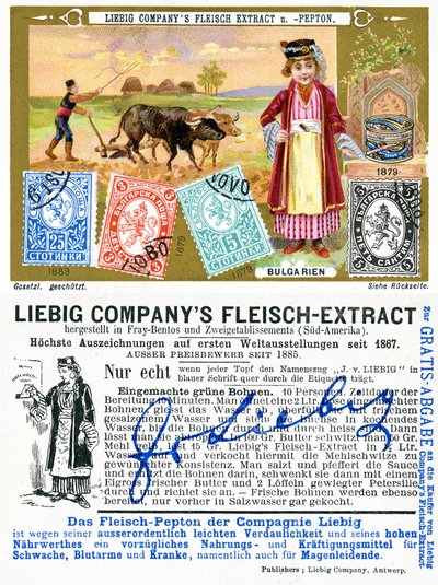 Sellos postales búlgaros, anverso y reverso de una tarjeta promocional de Liebig, 1897 de European School