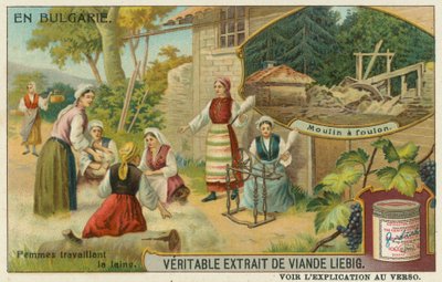 Mujeres búlgaras hilando lana y un molino de batanado de European School