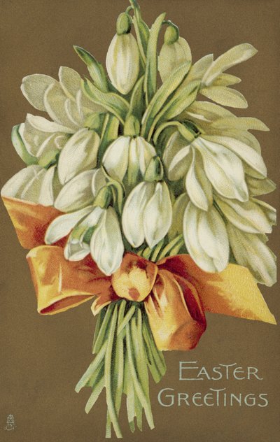 Manojo de campanillas de invierno, felicitación de Pascua (litografía en color) de European School