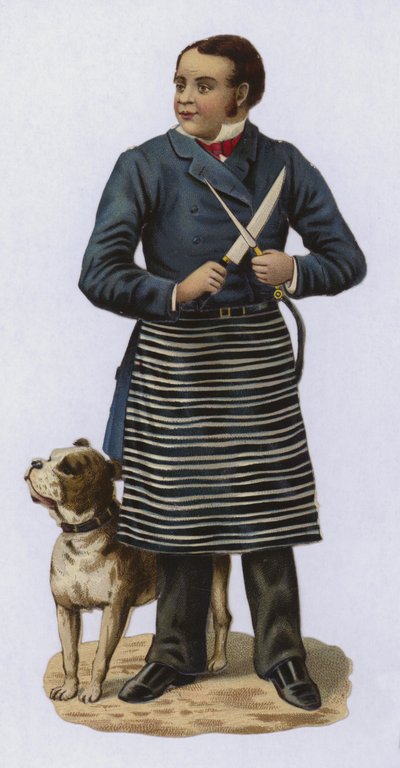 Carnicero, afilando cuchillo, con perro de European School