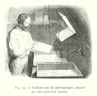 Gabinete negro del fotógrafo, iluminado por vidrios amarillos de European School